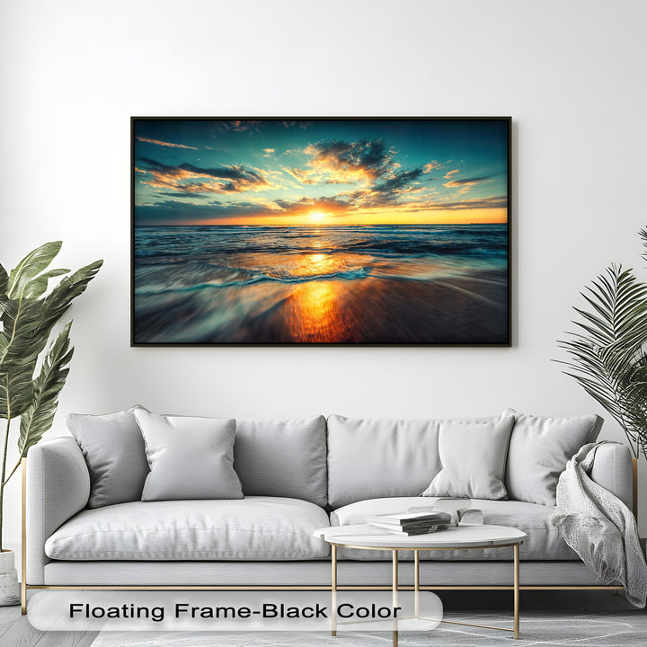 Horizontal rectangular canvas art prints depicting a vibrant ocean sunset with golden light reflecting on crashing waves and wet sand.