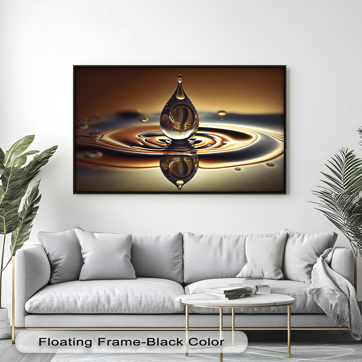 The organic forms of a lucid golden water drop create concentric ripples on this elegant canvas artwork.