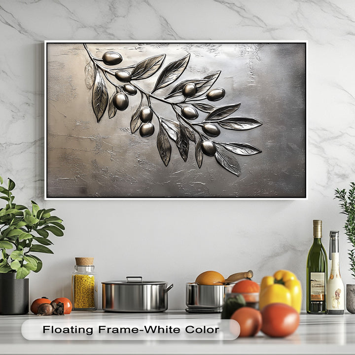 The darkest areas emphasize the deep shadowed texture of metallic olives and leaves on this elegant Silver Olive Branch high quality canvas prints.
