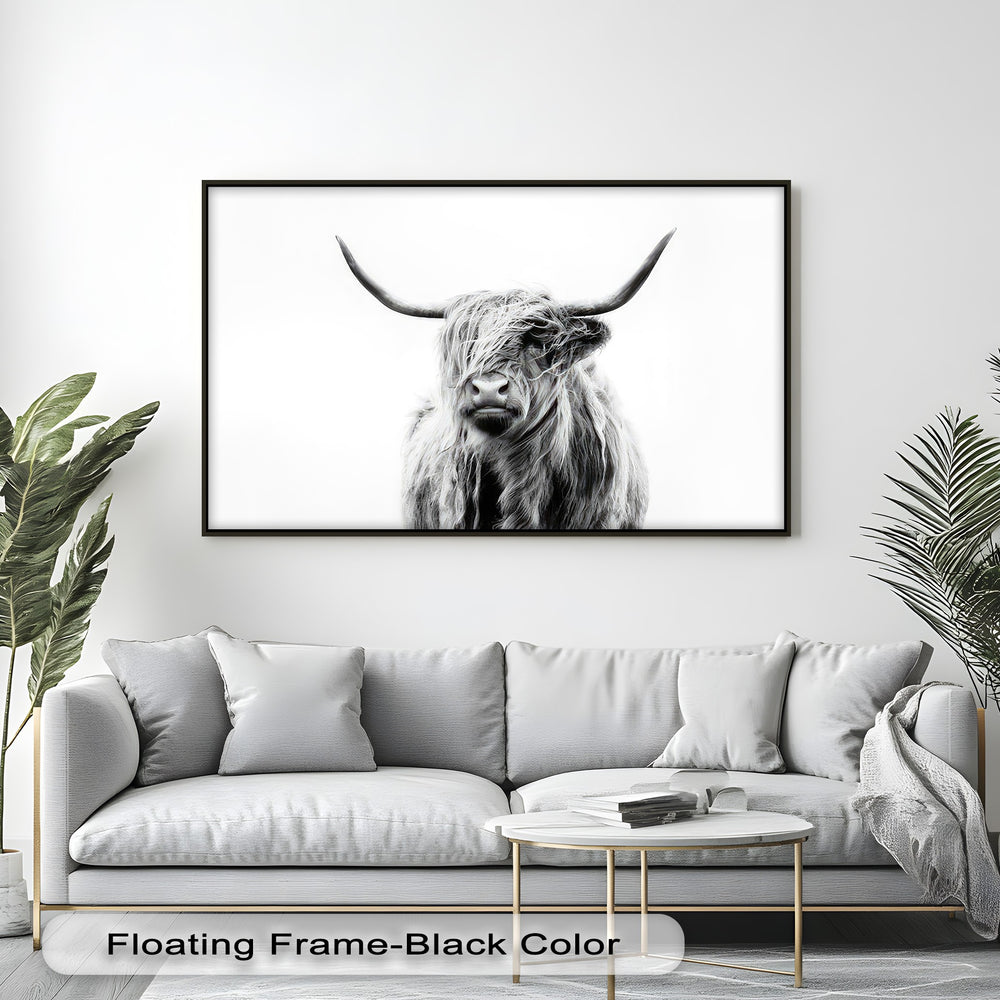 The stillness of a majestic Highland cow, with shaggy fur, elegantly defines this best canvas prints of minimalist farm animal art.