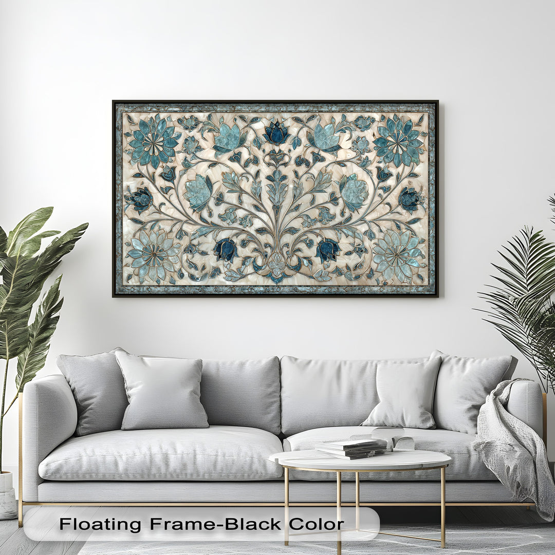 The harmonious transition between vibrant teal and indigo botanical elements against a creamy backdrop defines this elegant blue floral high quality canvas print.