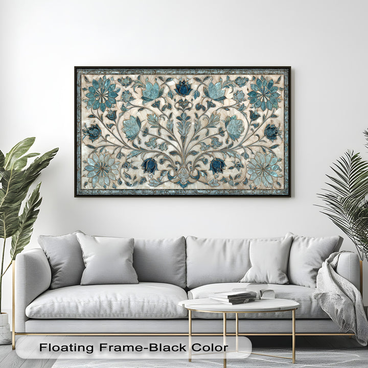 The harmonious transition between vibrant teal and indigo botanical elements against a creamy backdrop defines this elegant blue floral high quality canvas print.