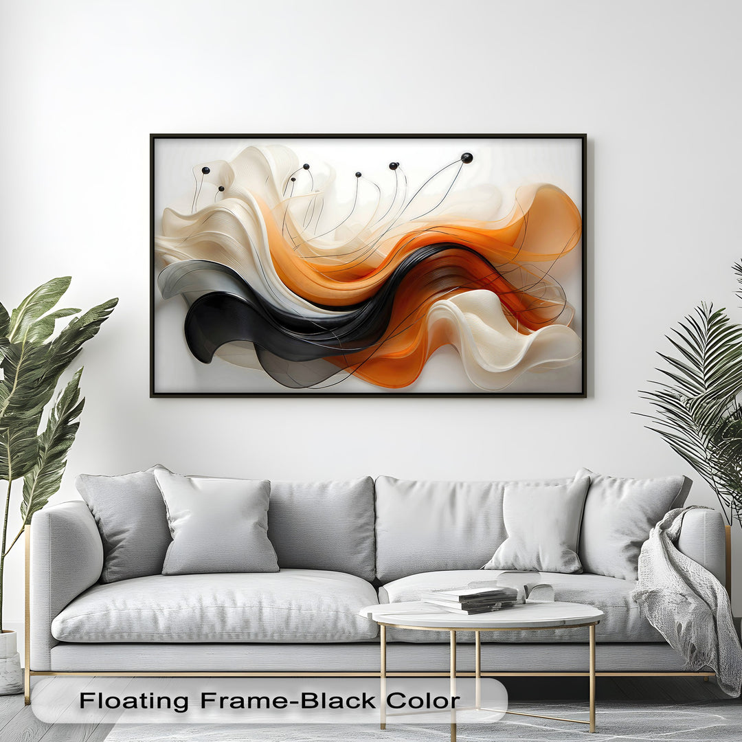 The highly saturated orange and deep black hues vividly enhance this modern abstract canvas wall art, showcasing flowing forms.