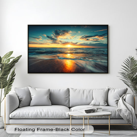 Dynamic ocean waves sweep across the sandy beach, reflecting the golden sunset in this serene big canvas prints artwork, evoking a sense of peaceful movement.