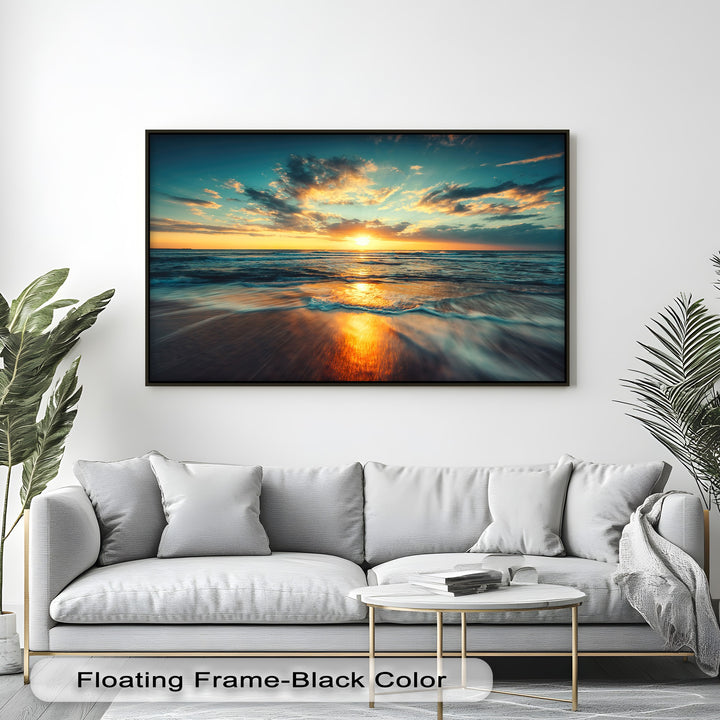 Dynamic ocean waves sweep across the sandy beach, reflecting the golden sunset in this serene big canvas prints artwork, evoking a sense of peaceful movement.