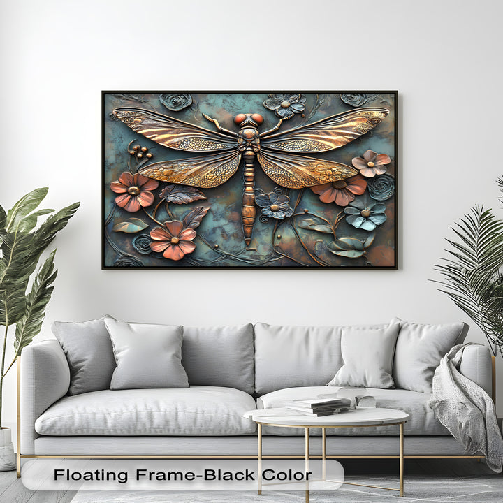 The dimensional depth and intricate layers of this Dragonfly Floral hanging canvas reveal a bronze dragonfly and sculptural flowers on a patinated teal surface.