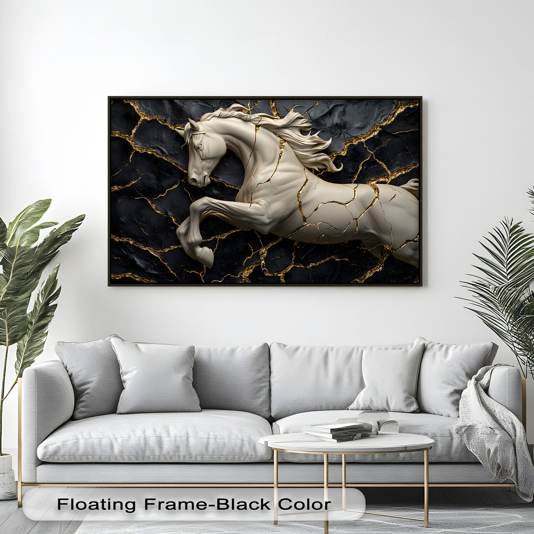 The luxurious finish of this premium canvas decor showcases a white horse on a black and gold cracked background.
