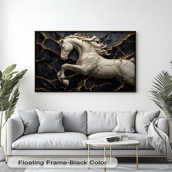 The luxurious finish of this premium canvas decor showcases a white horse on a black and gold cracked background.