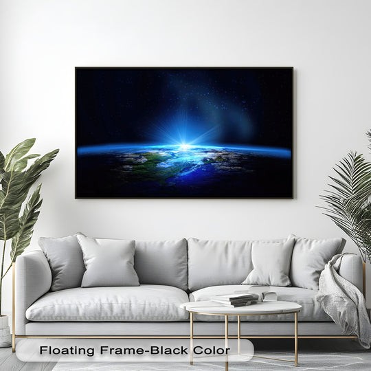 An expansive rectangular premium canvas decor piece showcasing Earth from space with a radiant cosmic blue glow as stunning wall art.