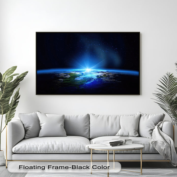 An expansive rectangular premium canvas decor piece showcasing Earth from space with a radiant cosmic blue glow as stunning wall art.