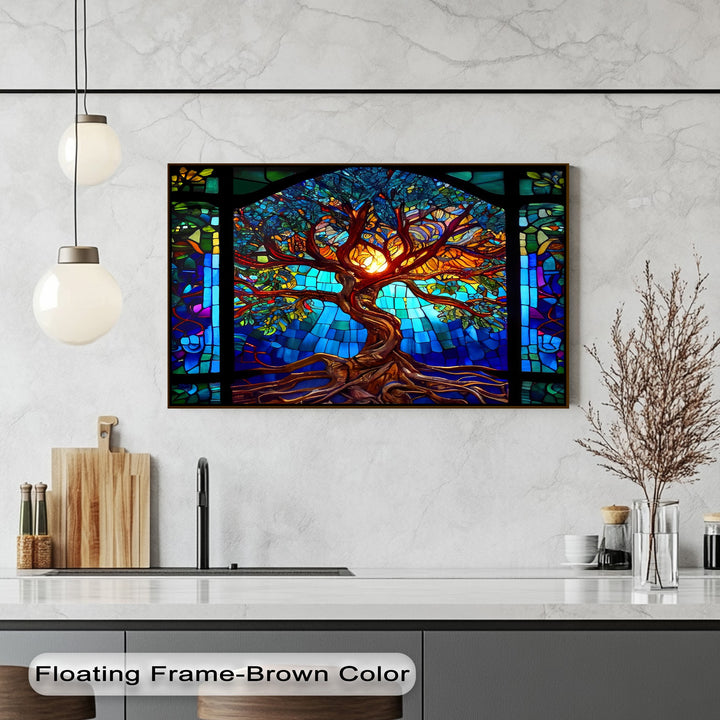 The intense color saturation of this unique canvas print vividly portrays a stained glass tree, radiant with glowing blues, oranges, and greens.