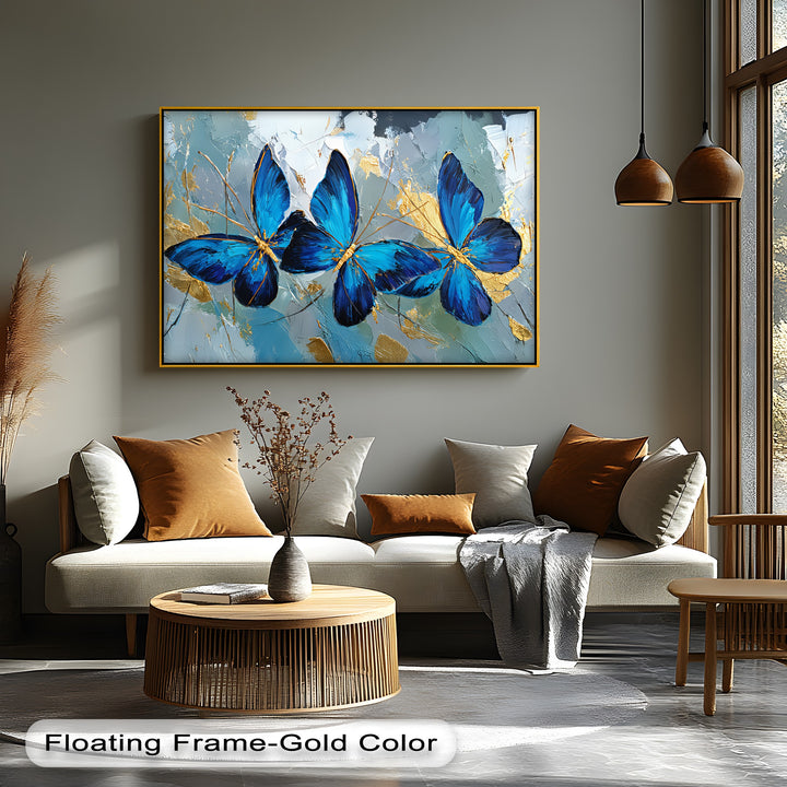 Trio of Radiance – Bold Blue Butterfly Canvas Print
