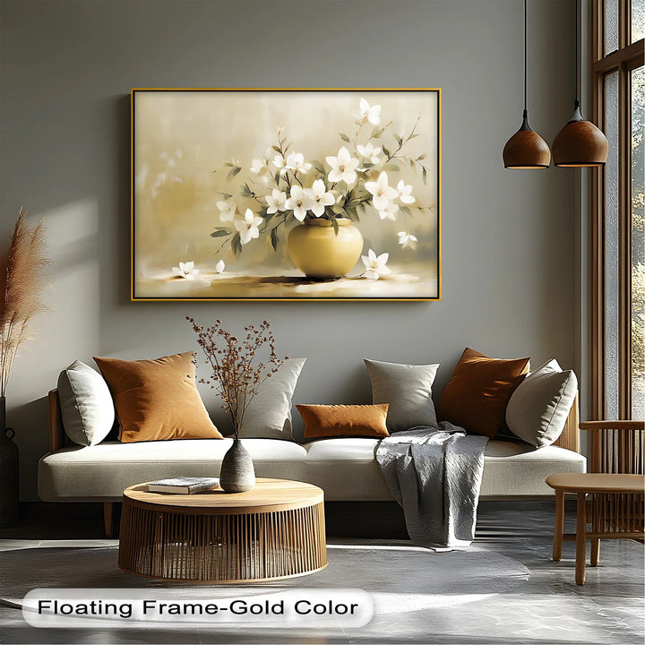 Harmony in Bloom – White Flowers in Golden Vase Canvas Art - MyPhotoStation