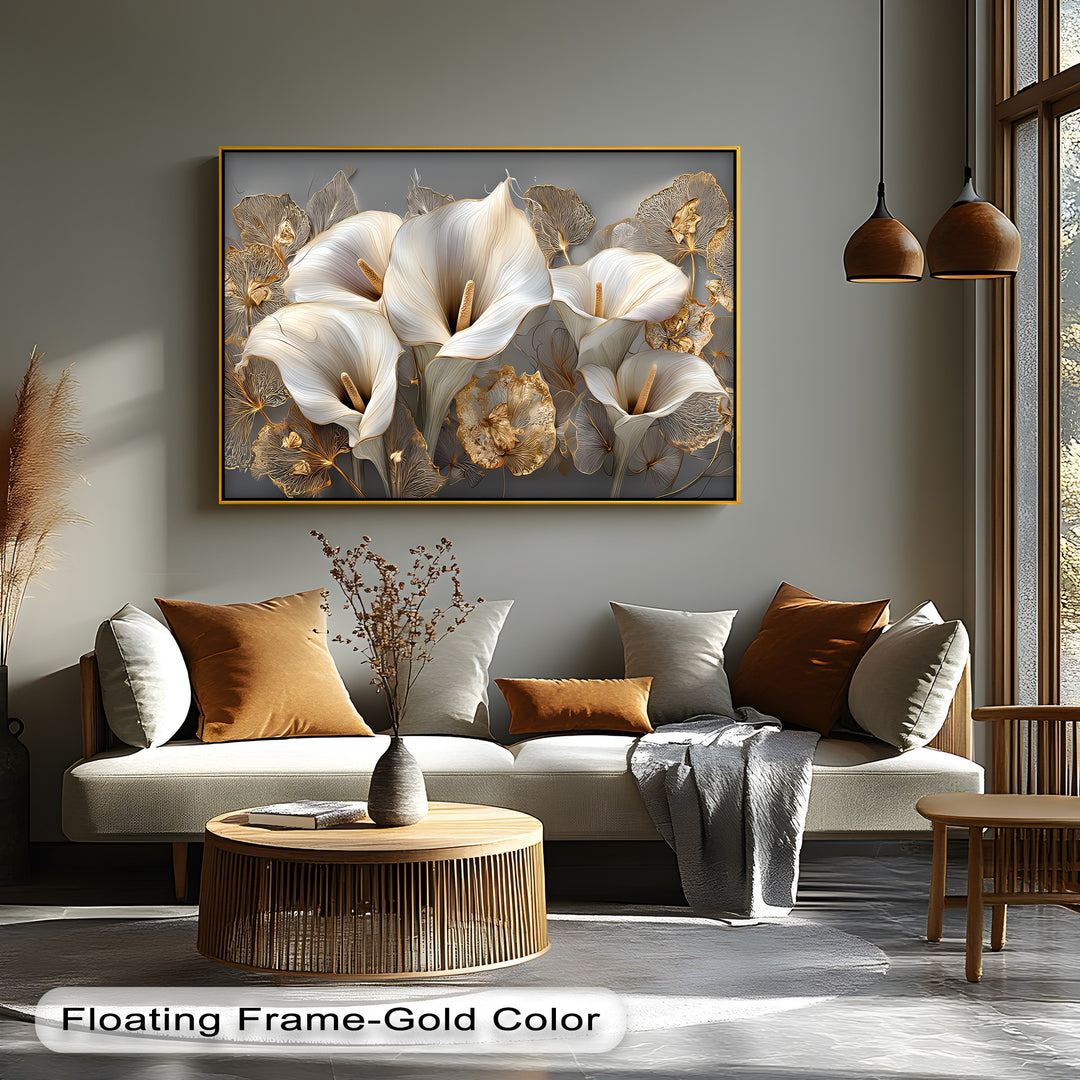 White Calla Lilies with Gold Leaves - Canvas Print