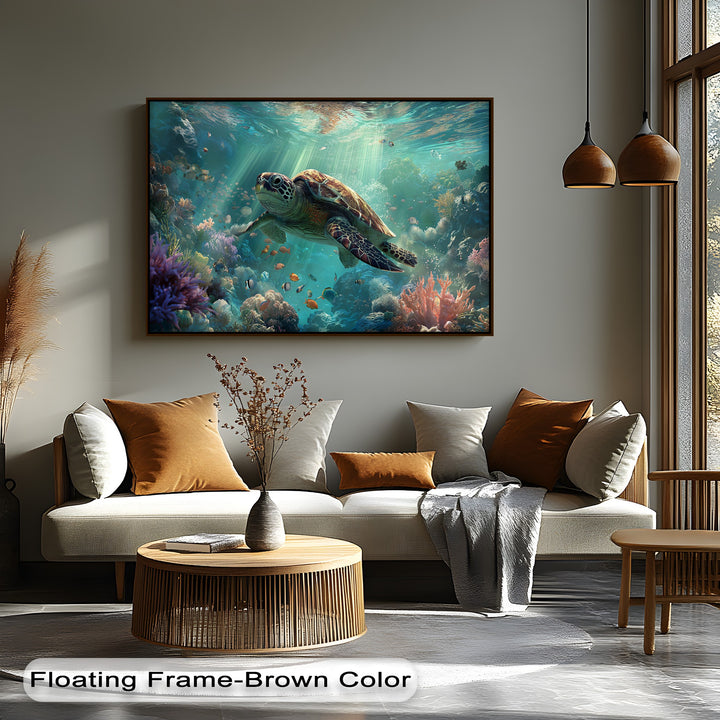 Vast negative space on a muted grey wall beautifully frames a lively sea turtle canvas wall decor, depicting an immersive ocean reef.