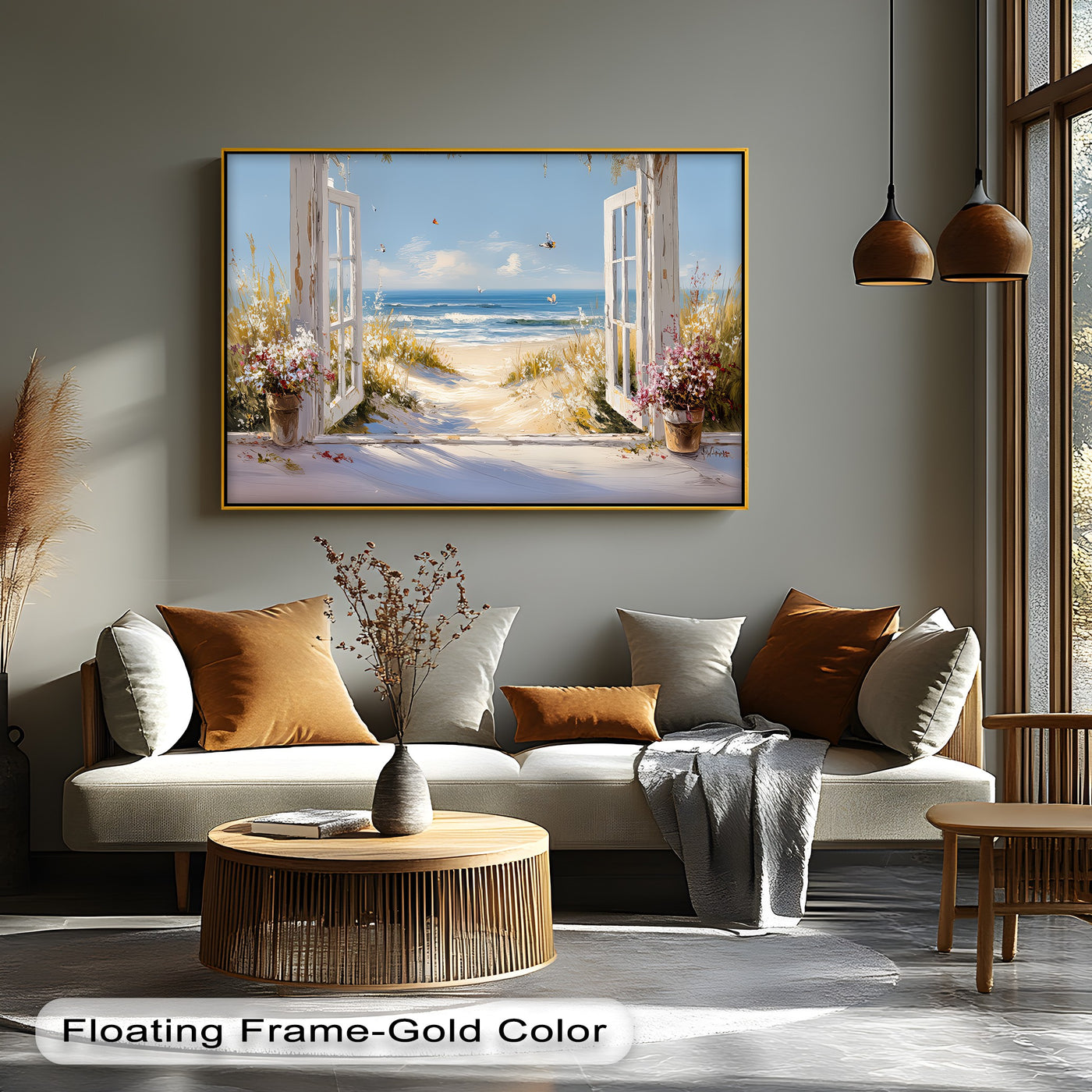 Floating frame accentuates the finish of this golden-framed premium canvas decor featuring a window view of a serene beach and dune escape.