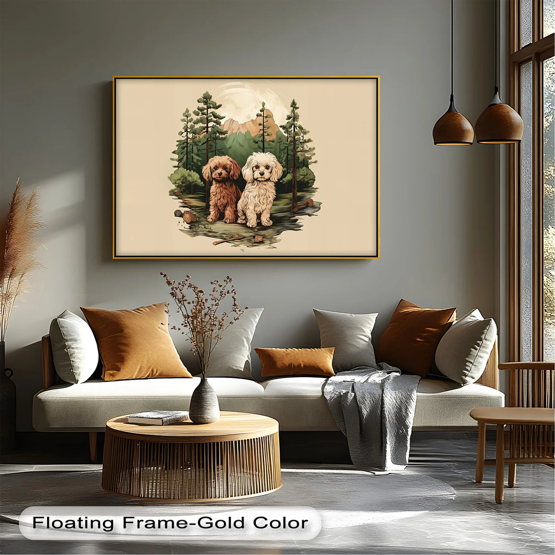 Wilderness Companions – Two Puppies in Forest Mountain Scene Canvas Print - MyPhotoStation