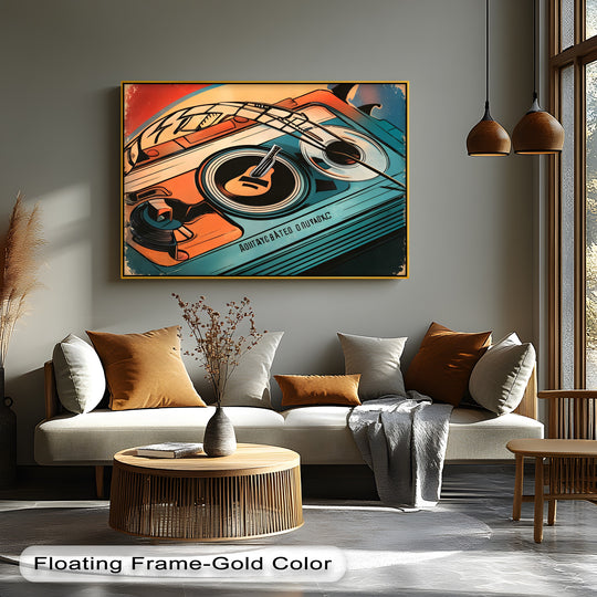 The organic forms of the Spin & Strings canvas print feature the curved lines of a retro turntable with guitar detail, presenting a unique canvas print with a creative design.