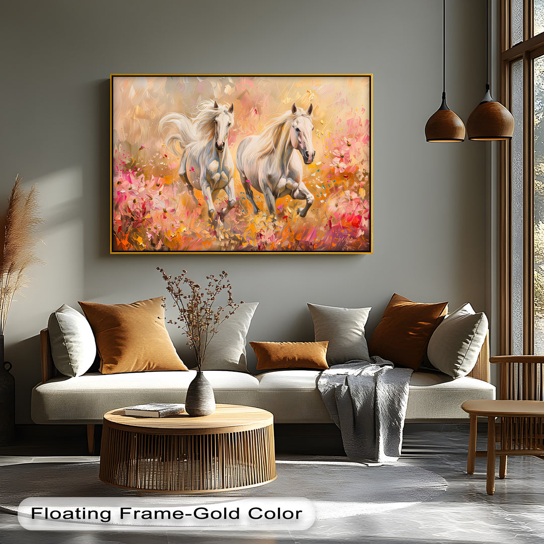 Wild Blossom Run – White Horses Among Petals Canvas Print