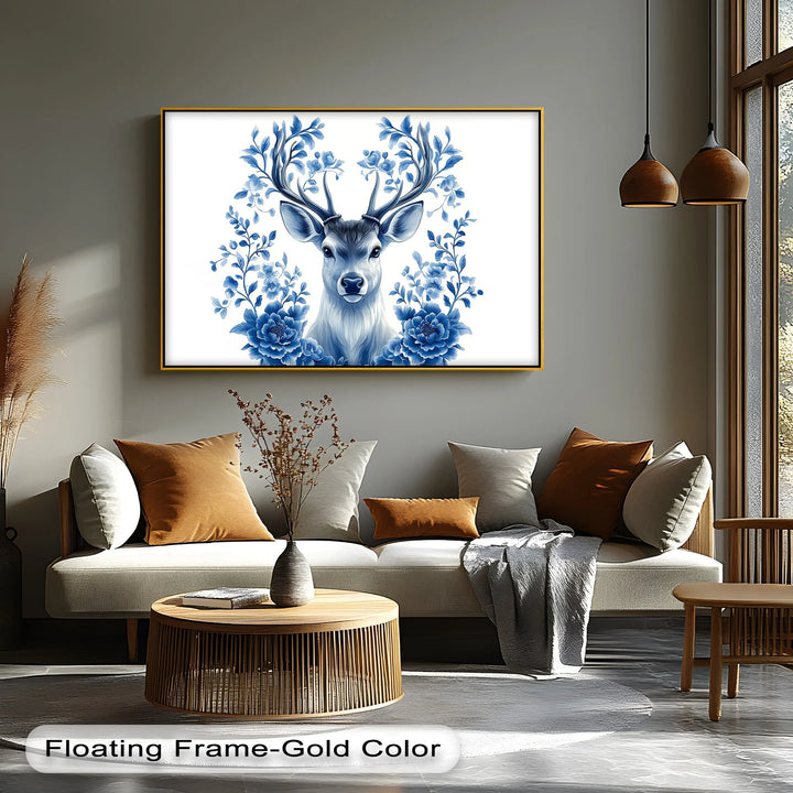 Floral-Antlered Deer in Blue – Nature-Inspired Canvas Print - MyPhotoStation