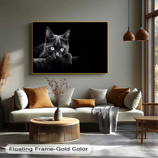 Realistic detail showcases a unique canvas print featuring a black cat in monochrome shadows, aptly titled 'Midnight Gaze,' rendered with stunning fidelity.