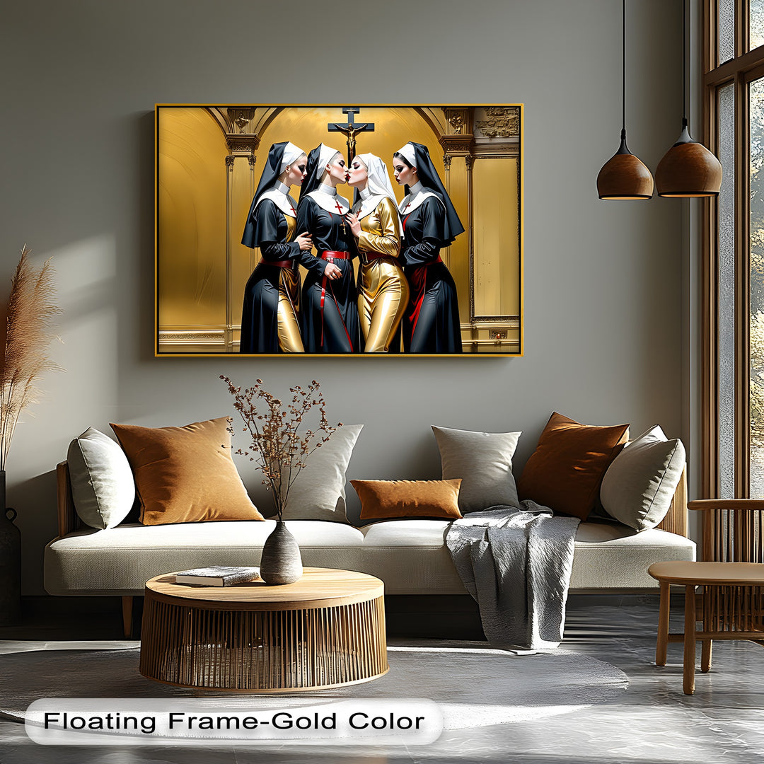 Divine Temptation – Erotic Kissing Nuns Canvas Wall Art | Nude Art
