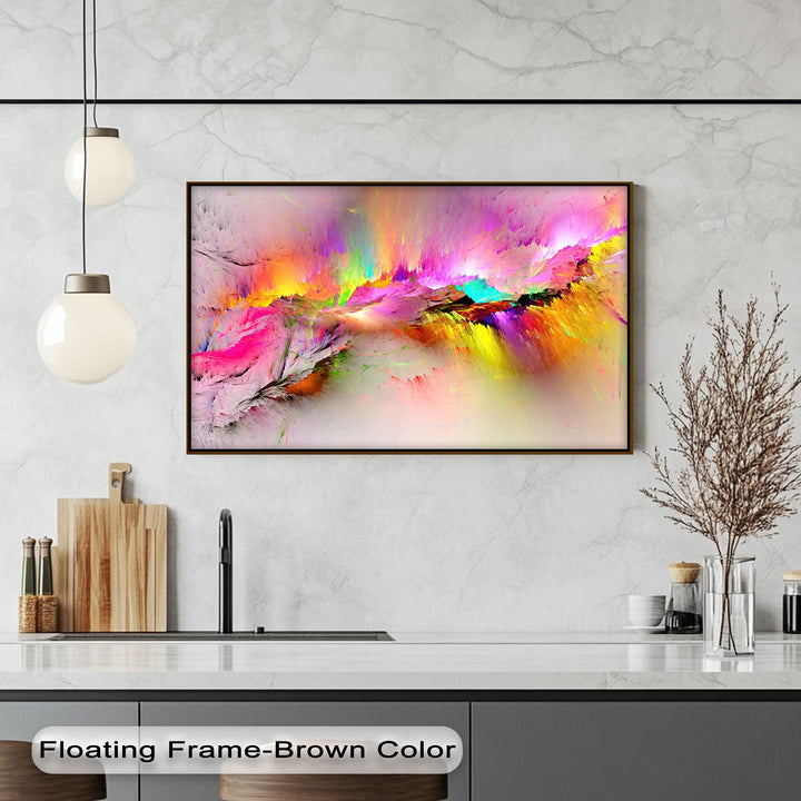 The finish of this vibrant Color Burst canvas artwork features a sleek brown floating frame around the dazzling abstract design.
