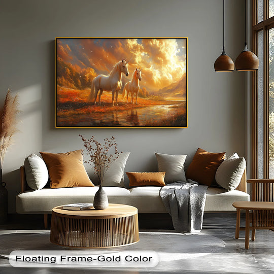 Foreground features a modern living room with a light sofa and round wooden table, highlighting a gold-framed canvas painting of twilight unicorns, ideal for unique canvas painting decor.