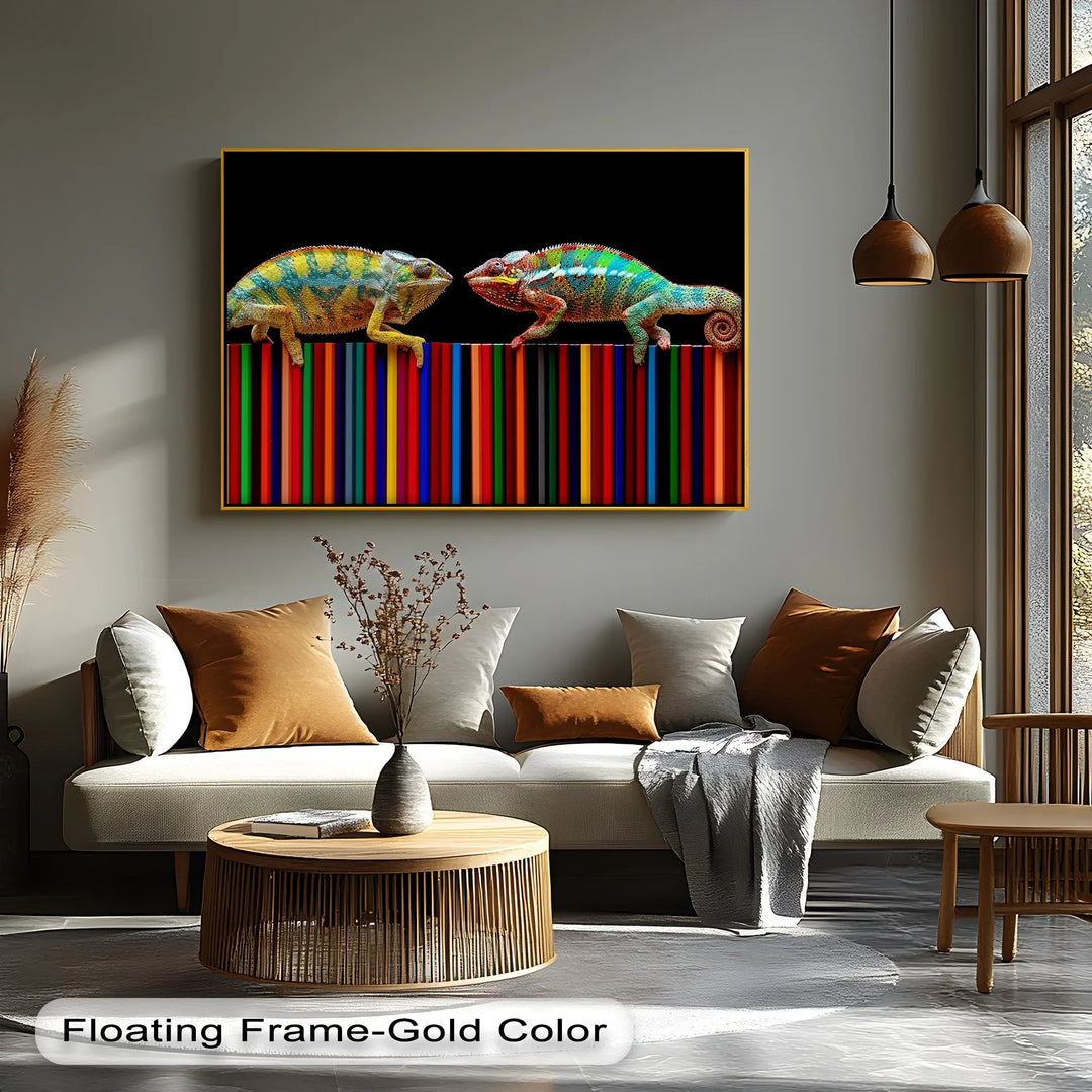 Color Clash – Vibrant Chameleon Duo on Pencils Canvas Print - MyPhotoStation