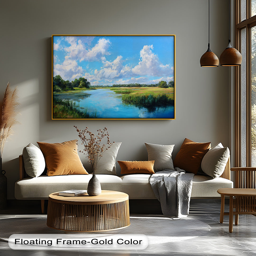 The focal point of this serene, gold-framed canvas print highlights a peaceful river landscape as an example of beautiful framed canvas art.