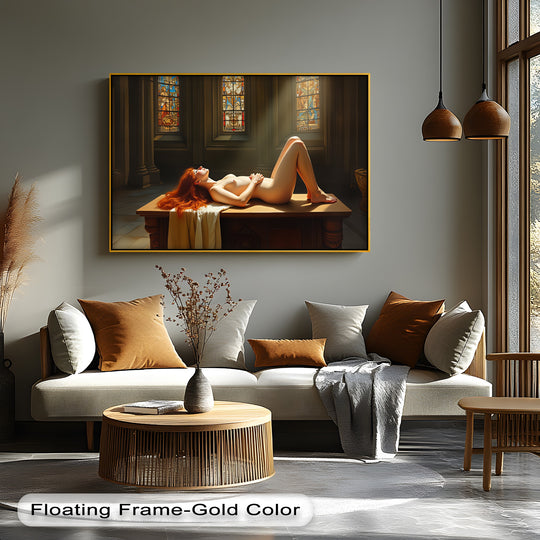 Bathed in light streaming from stained-glass windows, the background complements the erotic canvas wall art and enhances its premium canvas decor with its artistic beauty.