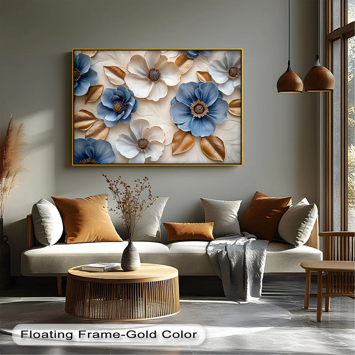 Blue and Gold Elegance – Sophisticated Floral Canvas Wall Art - MyPhotoStation
