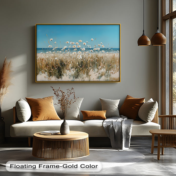 Seaside Serenity – White Wildflowers by the Shore Canvas Print