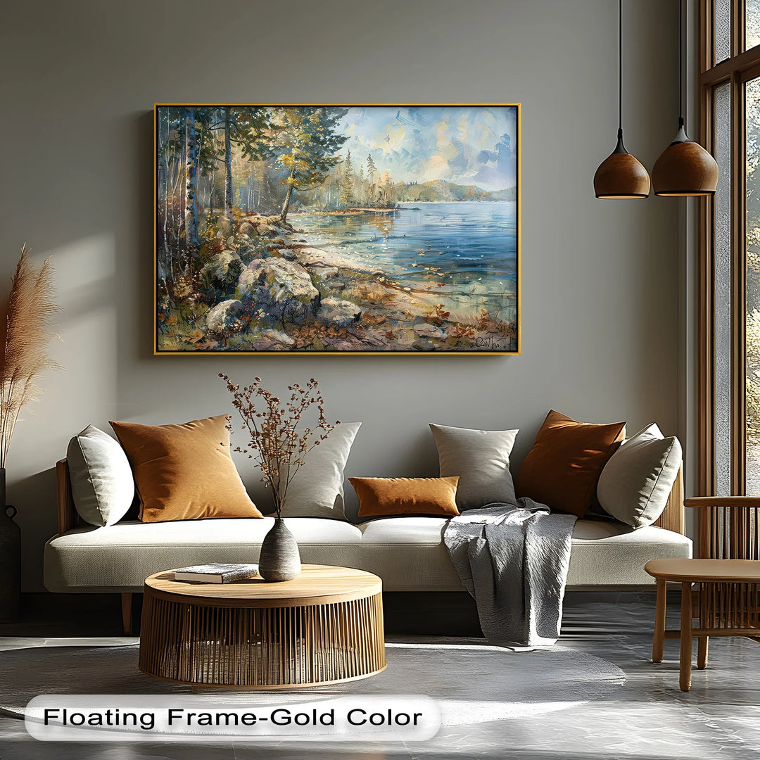 Whispers by the Lake – Tranquil Forest Shoreline Landscape Canvas Print