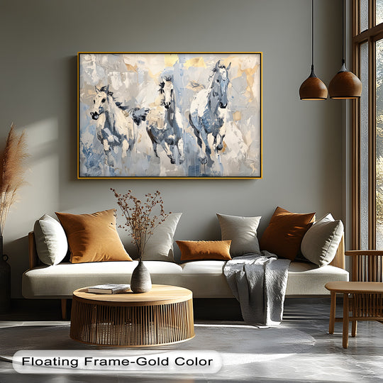 Canvas print frozen gallop of white horses in winter tones and modern horse wall art perfect calming art for modern interiors