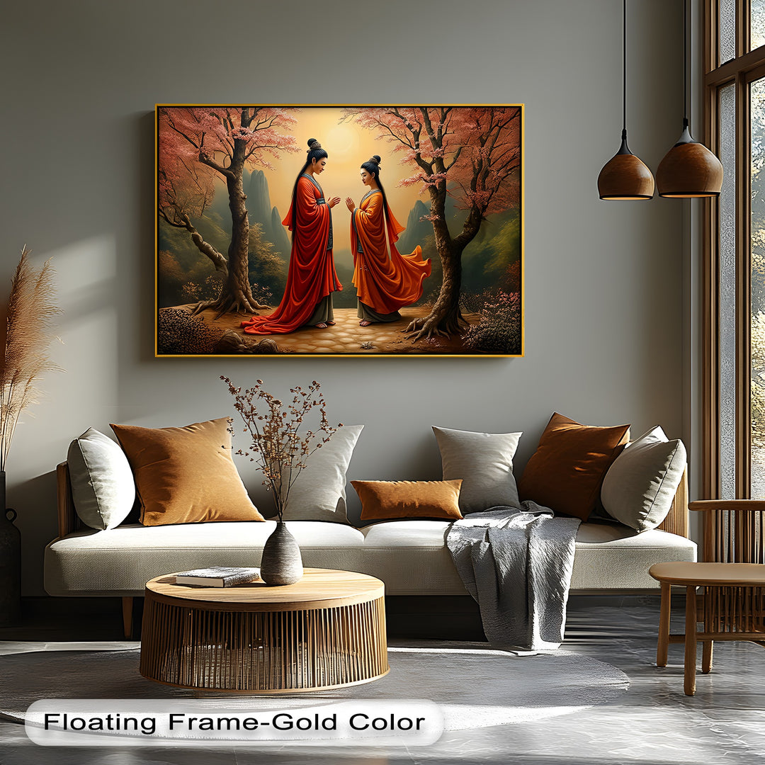 Harmony Under the Blossoms – Oriental Couple Canvas Wall Art | Framed Art