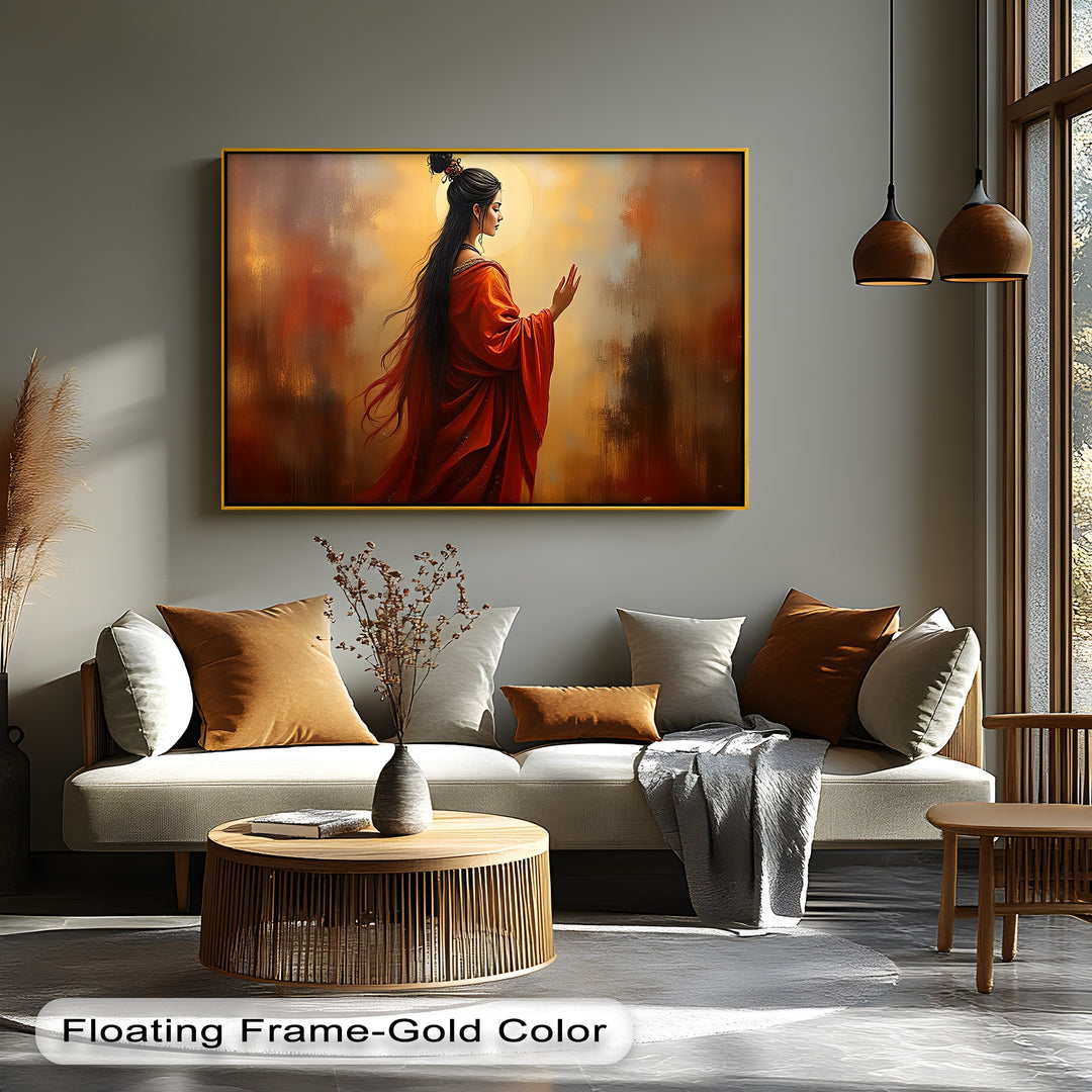 Radiant Serenity – Oriental Woman in Red Canvas Wall Art | Framed Art