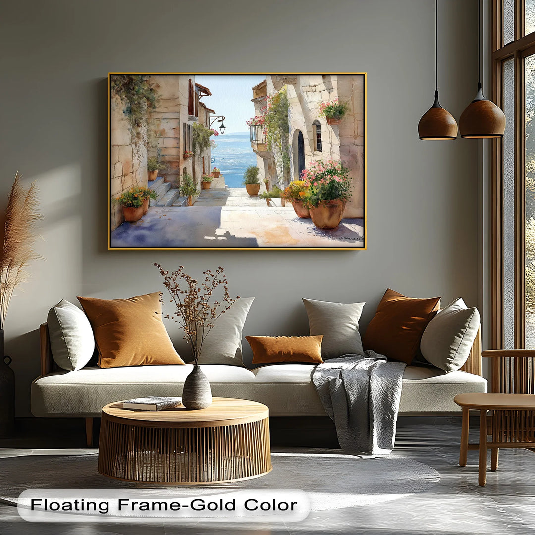 Sunlit Coastal Alley with Sea View – Canvas Print - MyPhotoStation
