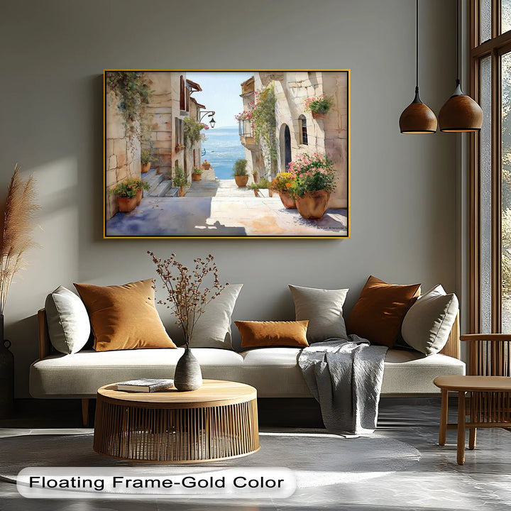 Sunlit Coastal Alley with Sea View – Canvas Print - MyPhotoStation