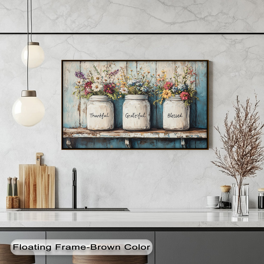 The highly saturated canvas art displays vibrant farmhouse mason jars with 'Thankful Grateful Blessed' text, set against a distressed blue wood background.