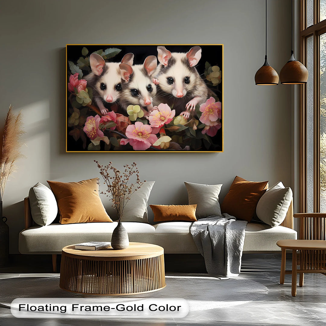 Curious Possum Trio Among Blossoms – Animal Canvas Print - MyPhotoStation