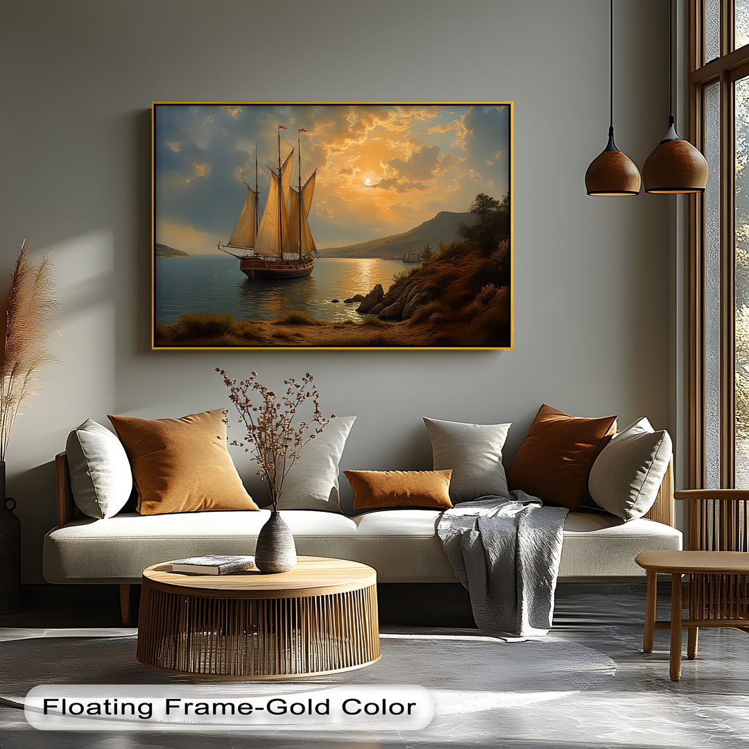 Golden Horizon Voyage – Sailing Ship Sunset Canvas Wall Art | Framed Art