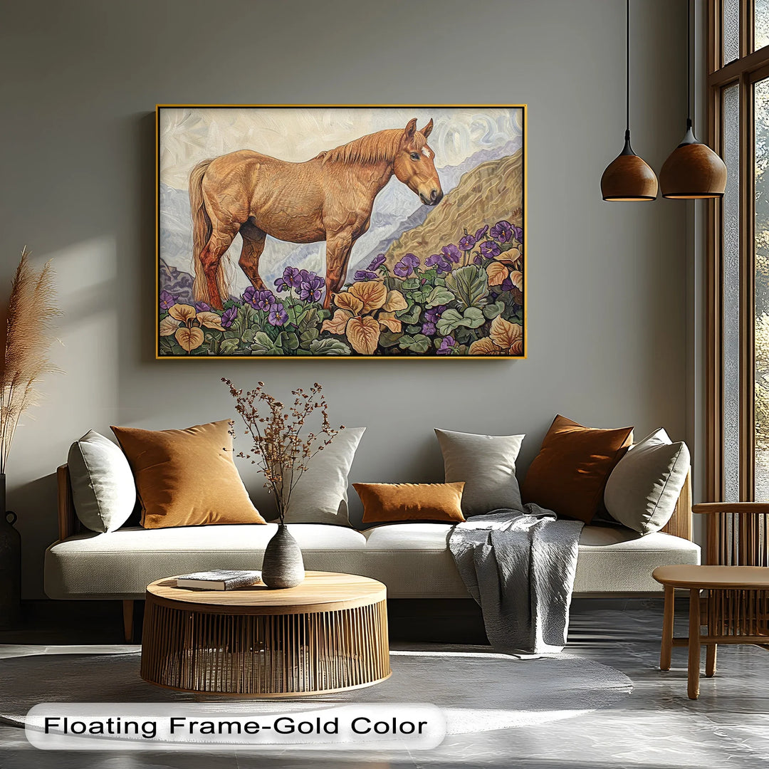 Golden Serenity – Horse Among Violet Blossoms Animal Canvas Print - MyPhotoStation