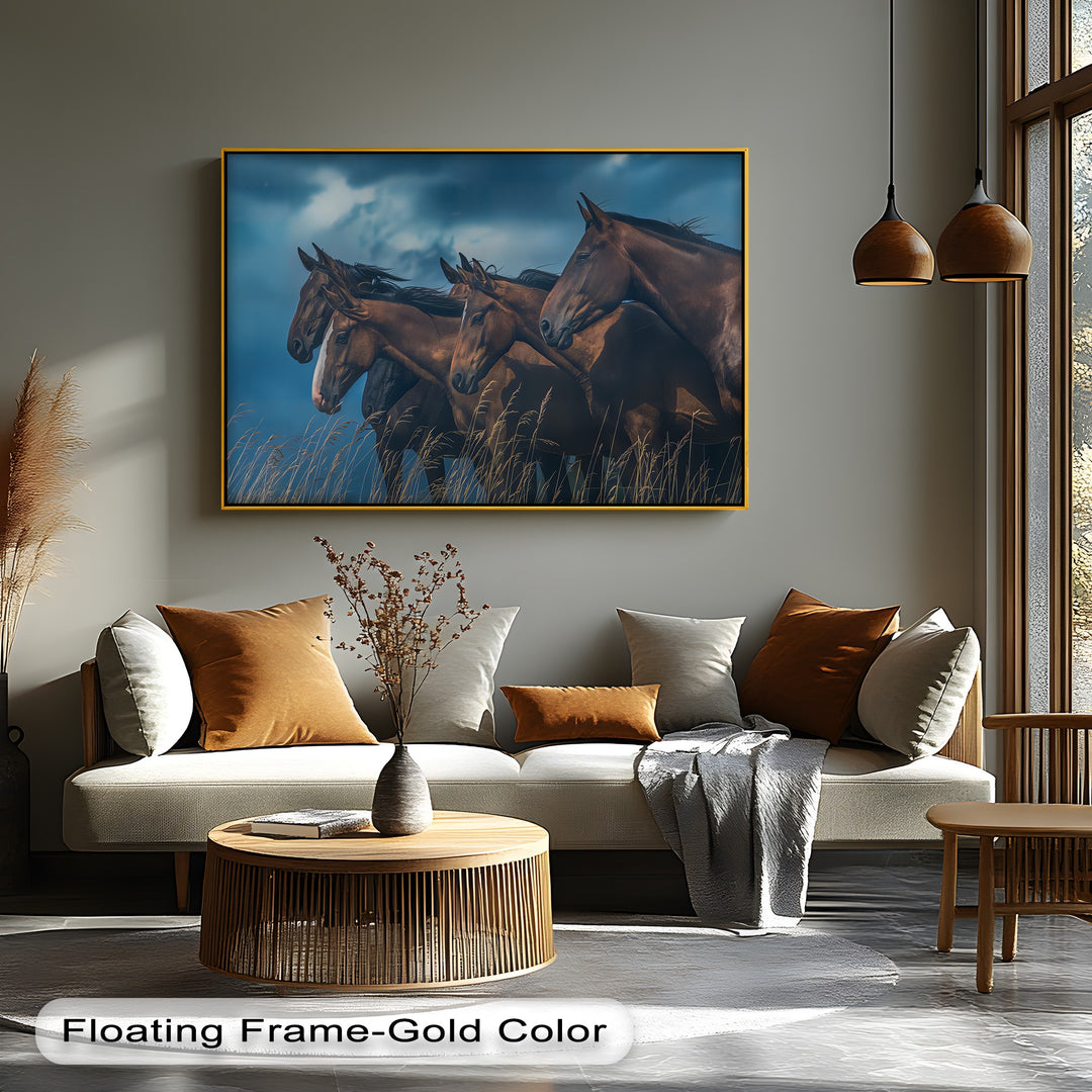 Herd of Brown Horses Under Moody Sky - Horse Canvas Print