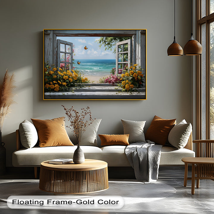 Golden Blooms & Ocean Breeze – Window View Canvas Print