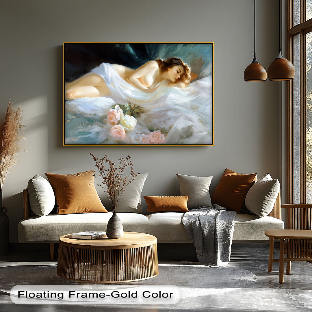 Petal Slumber – Framed Canvas Wall Art | Romantic Nude Canvas Print