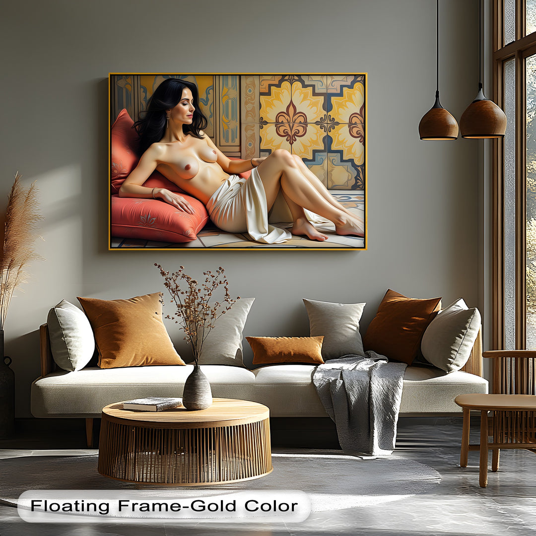 Reclining Nude with Ornate Tile Erotic Canvas Wall Art | Nude Art