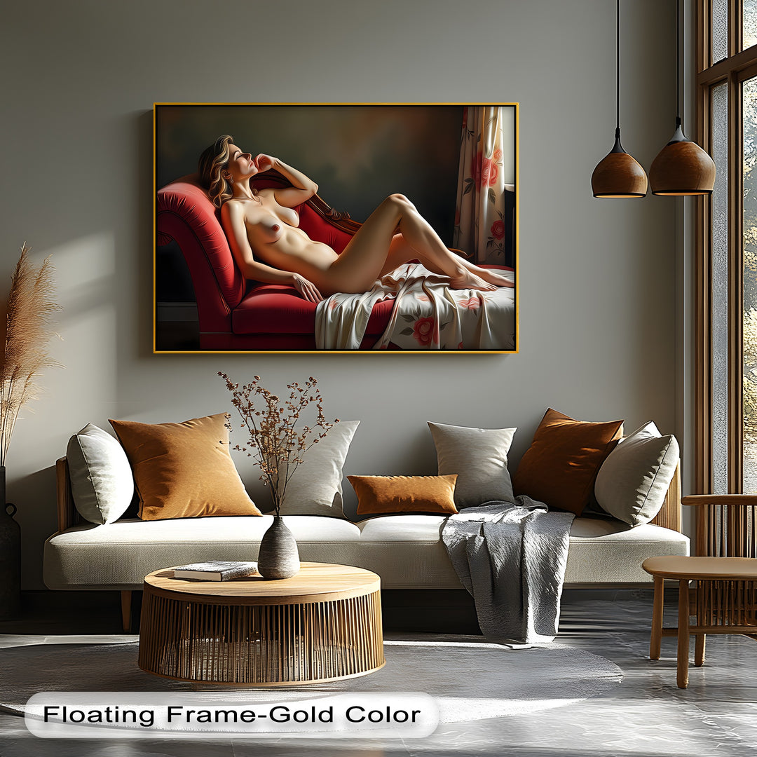 Reclining Nude on Red Chaise - Erotic Canvas Wall Art | Large Art