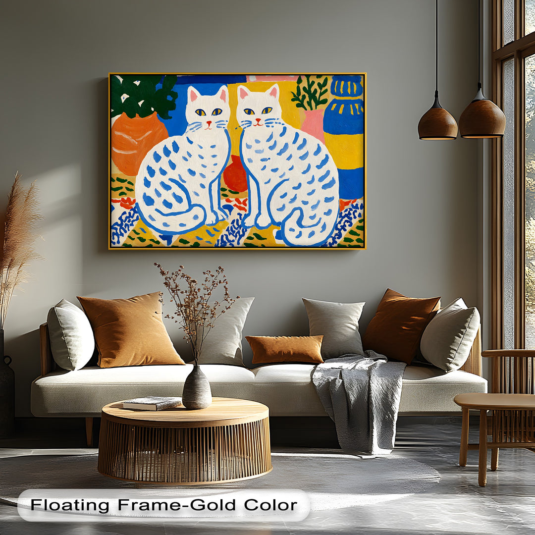 The realistic detail showcases this colorful folk cat canvas art print, displaying two decorative cats rendered in a playful Scandinavian style on canvas.