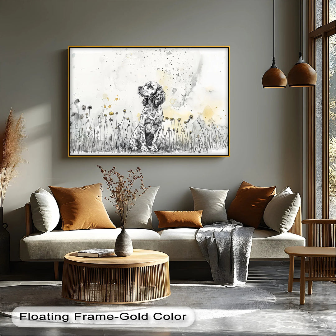 Gentle Wonder – Ink Sketch Puppy in Dandelion Meadow Canvas Print - MyPhotoStation